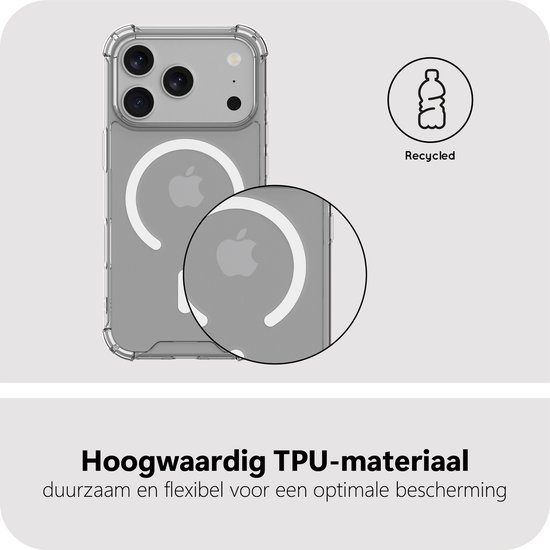 Transparante hoes met cirkelvormige MagSafe-aanduiding, gemaakt van hoogwaardig TPU-materiaal voor optimale bescherming. Icon van gerecyclede fles.