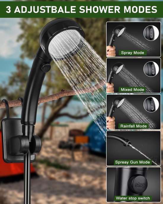 Draagbare Campingdouche 6000 mAh - Pomp en Temperatuurweergave - Outdoor Set - Douchekop - 2 m Slang - Tuin - Autowassen - Strand - Huisdieren - Zwart — afbeelding 3