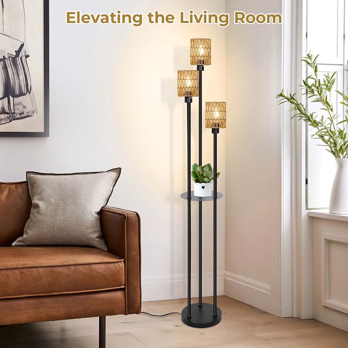 EDISHINE Vloerlamp voor woonkamer, boho-vloerlamp, 3 vlammen, met plank en lampenkap van rotan, 3 x E27 lampen inbegrepen, lamp met voetschakelaar voor slaapkamer en kantoor, 178 cm