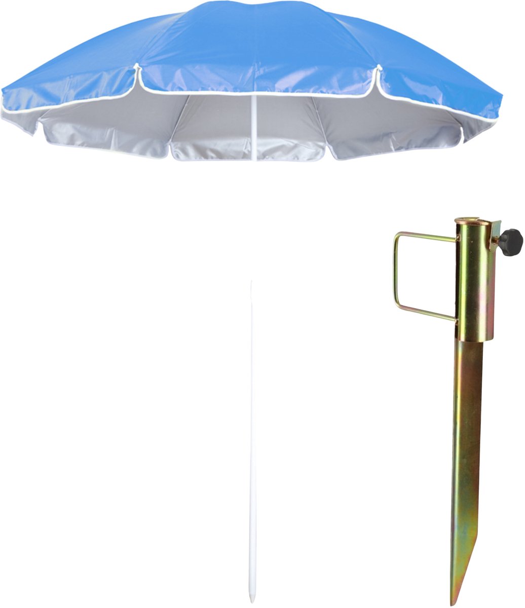 Parasol met metalen grondharing van 45 cm - blauw - polyester - Dia 150 cm - verstelbaar - Tuin - Strand - Camping - UV straling bestendig