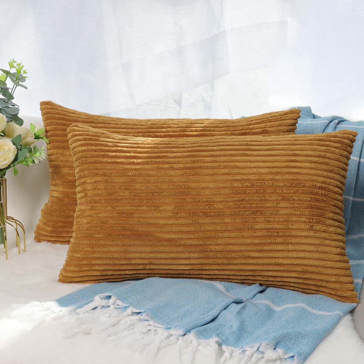 CALIYO kussenhoes corduroy effen set van 2, kussenhoes 30x50 kussenhoezen voor sierkussens, spreien, bankkussens, bankkussens in vele kleuren.