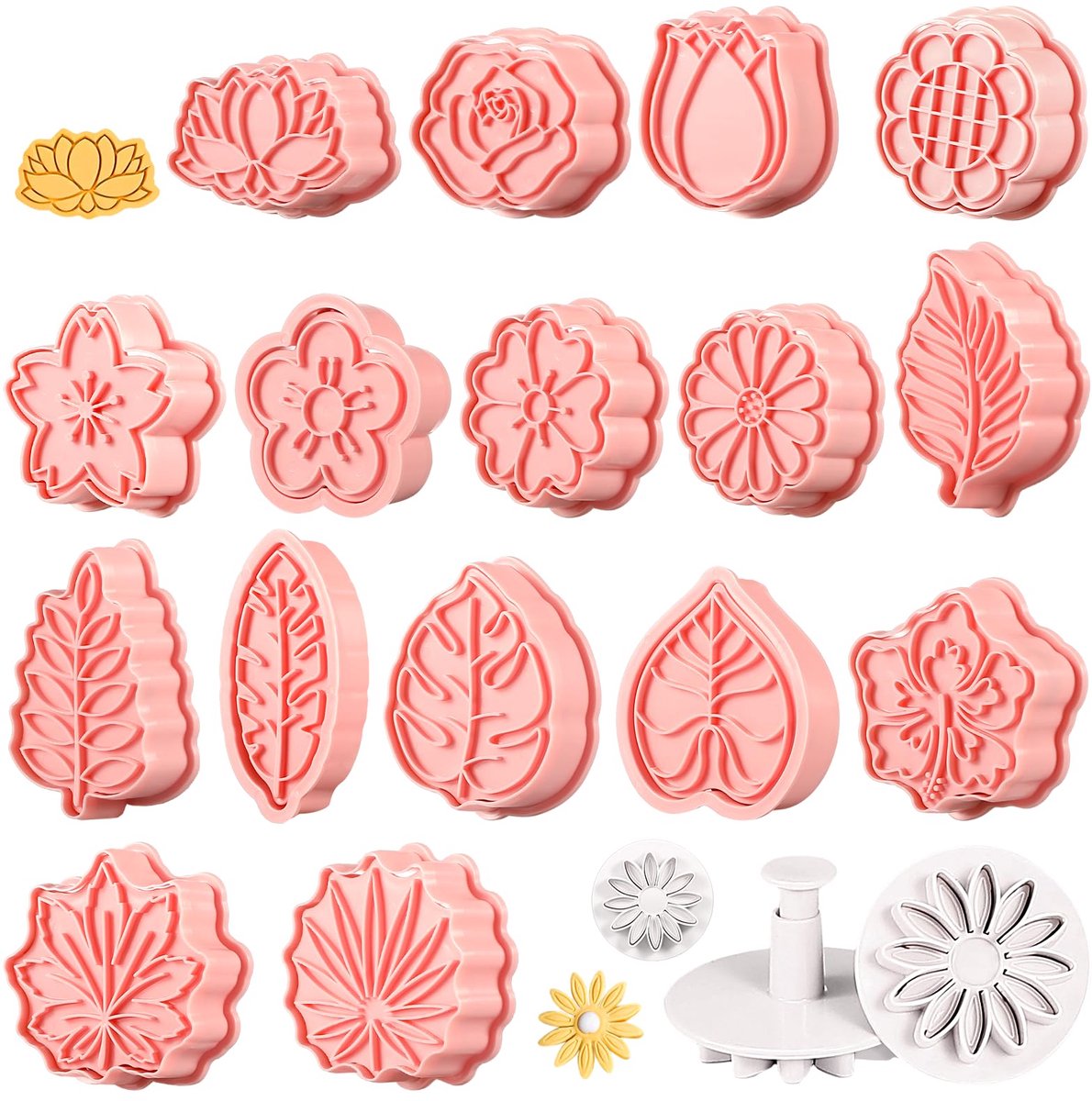 Set van 19 koekjesvormpjes met bloemen, 3D-koekjesvormpjes in de vorm van een plant, koekjesstempels, koekjesvormpjes voor het bakken, DIY fondant, chocoladetaartdecoratie, voor feestjes, kinderfeestjes, verjaardagsdecoratie en Kerstmis.
