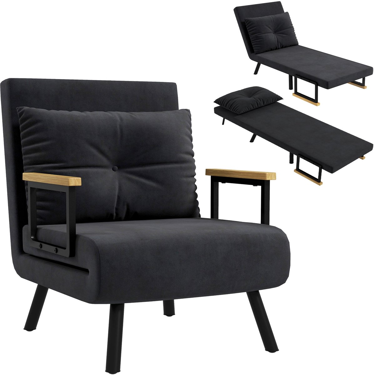 HOMCOM-Stoelbed-63x73x81cm-Fluwelen-look stof (100% polyester)-Zwart