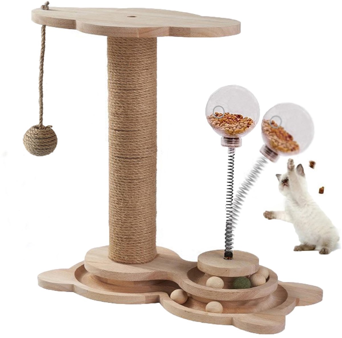 Ibenzoa® Veelzijdige kattenkrabpaal met voeruitloop en speelelementen voor huiskatten en kittens