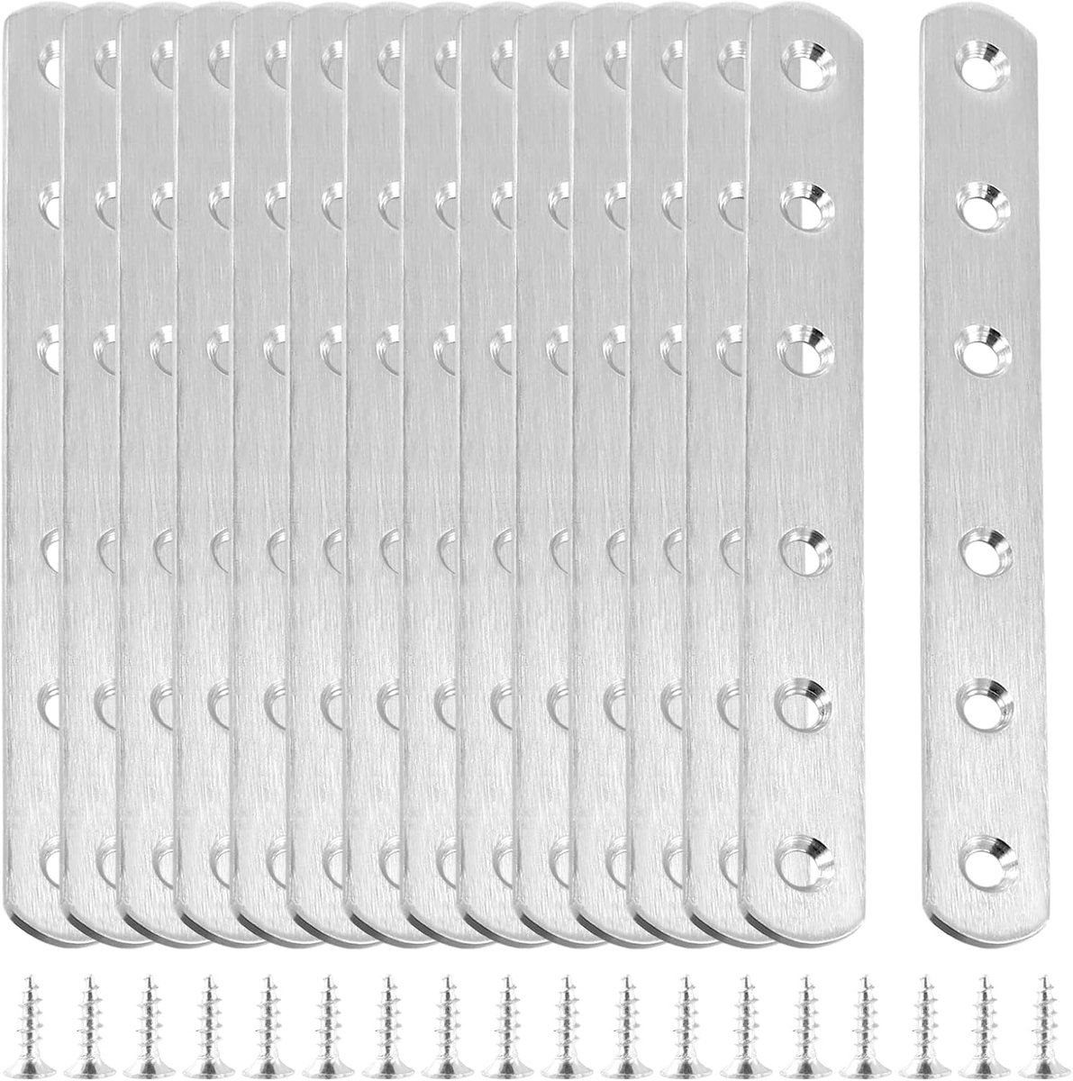 NAMYEUT 15pcs 160x20mm Flat Connectors Stainless Steel Perforated Sheets, Metal Flat Plate Holder Metal Connector Hole Plate Wood Connector Connecting Plate with 90 Screws for Furniture