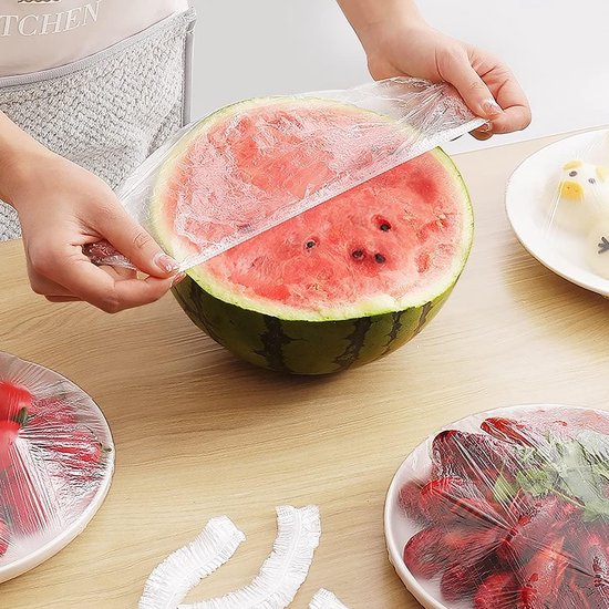 Vershoudzakken - 100 stuks - herbruikbare afdekhoezen voor levensmiddelen - vershoudfolie met elastiek - vershoudzakjes voor het bewaren van levensmiddelen - fruitconservering - douchemuts — afbeelding 3