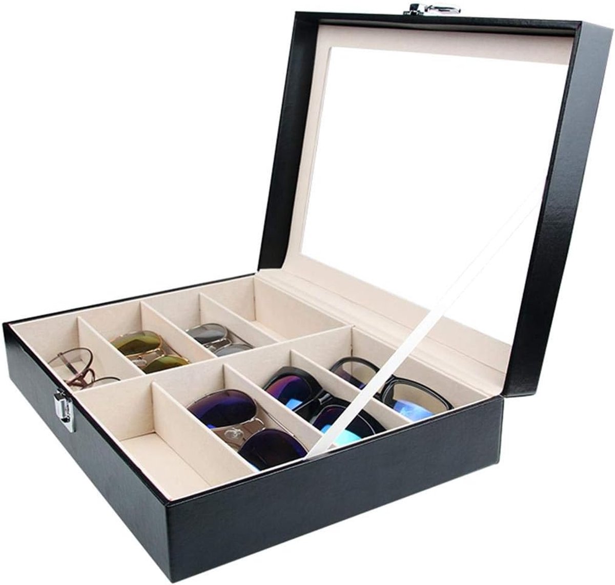 Tebery Glasses Box for 8 Glasses with Glass Window Faux Leather Glasses Case, Glasses Display Glasses Organizer for Sunglasses, Glasses, Jewelry, Black, 33.8 x 24.5 x 8.5 cm, Black