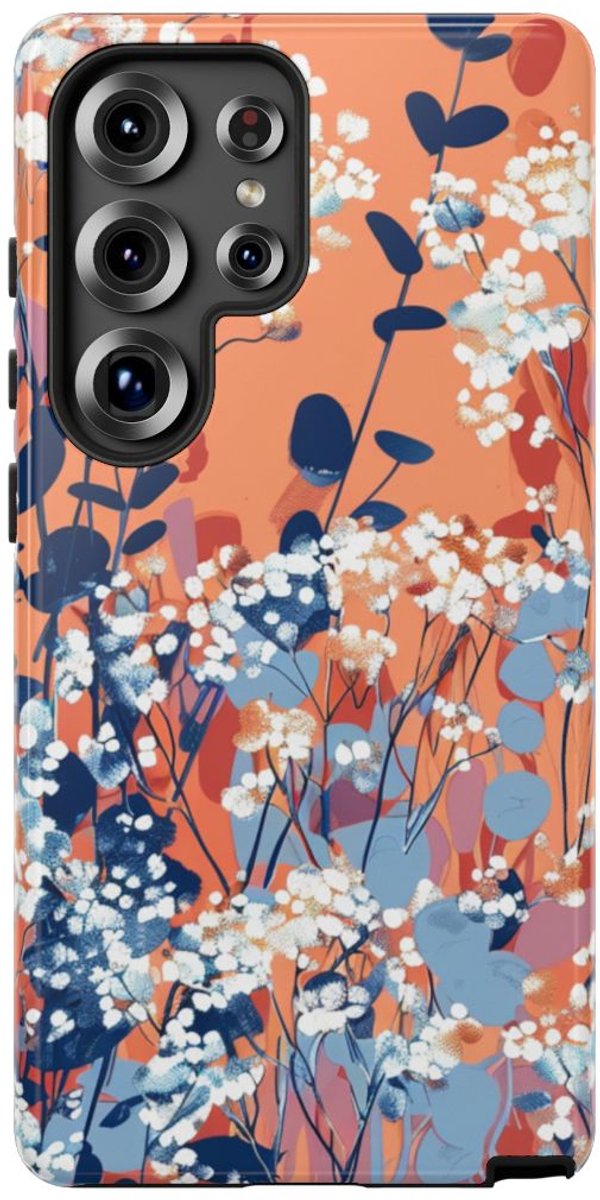 Witte Gipskruidbloemen op Oranje Achtergrond – Telefoonhoesje Geschikt voor Samsung Galaxy S25 Ultra