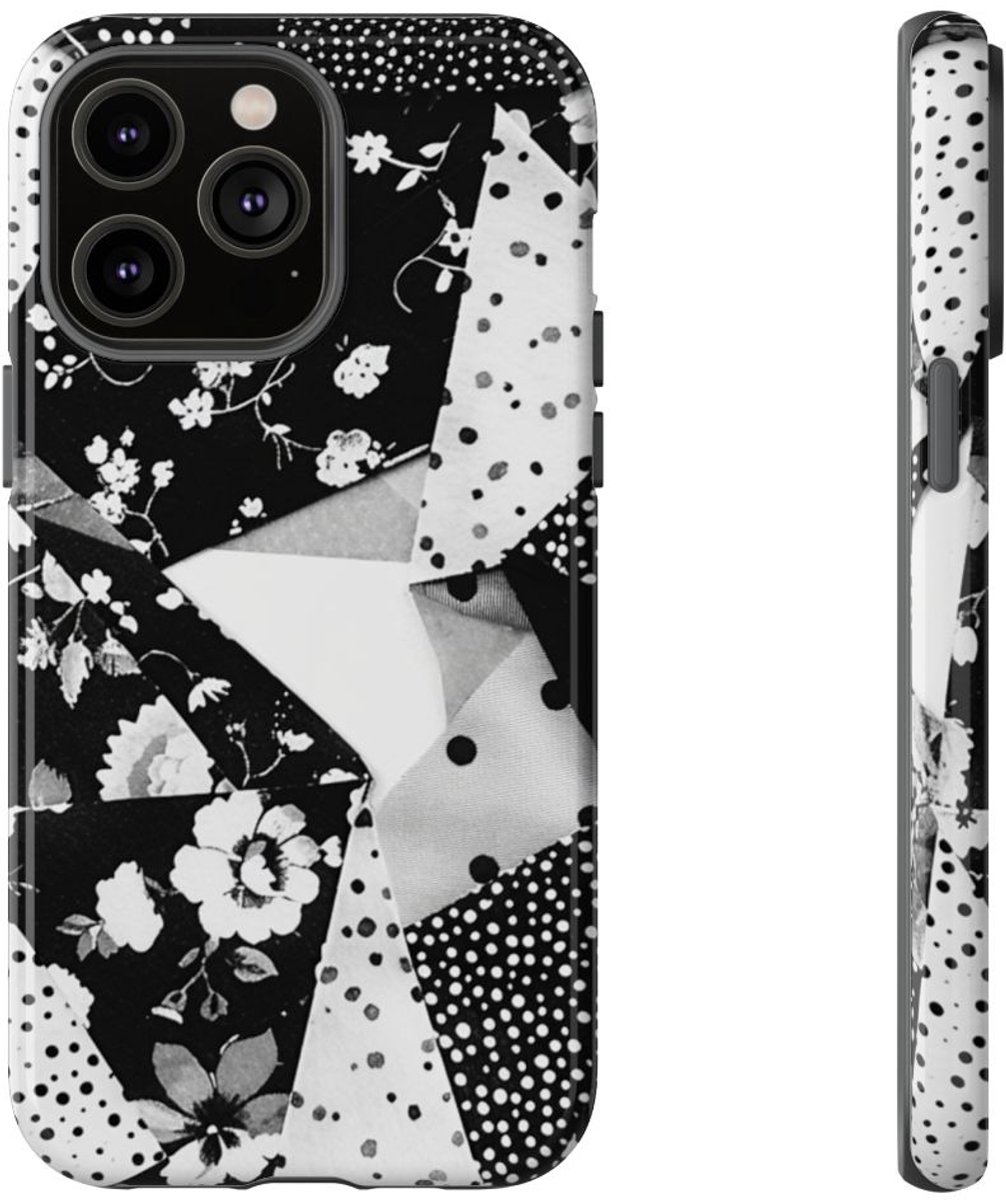 Monochrome Bloemen- en Polkadot Patchwork – Telefoonhoesje Geschikt voor iPhone 14 Pro Max