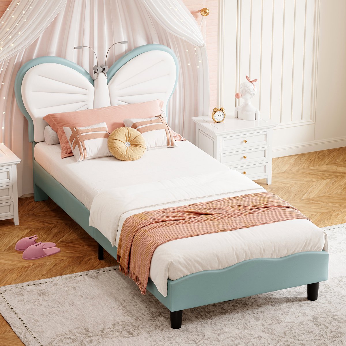 Gestoffeerd bed, 90 x 200 cm, met verlichting en laden, luxe eenpersoonsbed, kinderbed, meisjesbed in kroonvorm, ideaal voor volwassenen en jongeren, zonder matras (roze laden