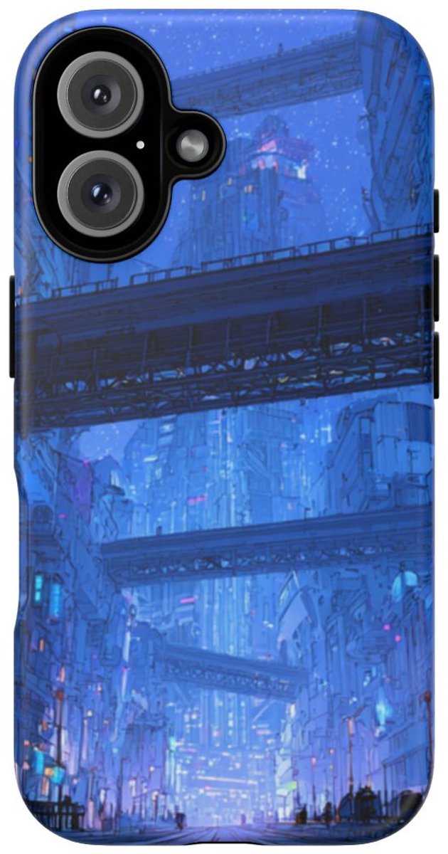Futuristische Blauwe Stadsstraat – Telefoonhoesje Geschikt voor iPhone 16