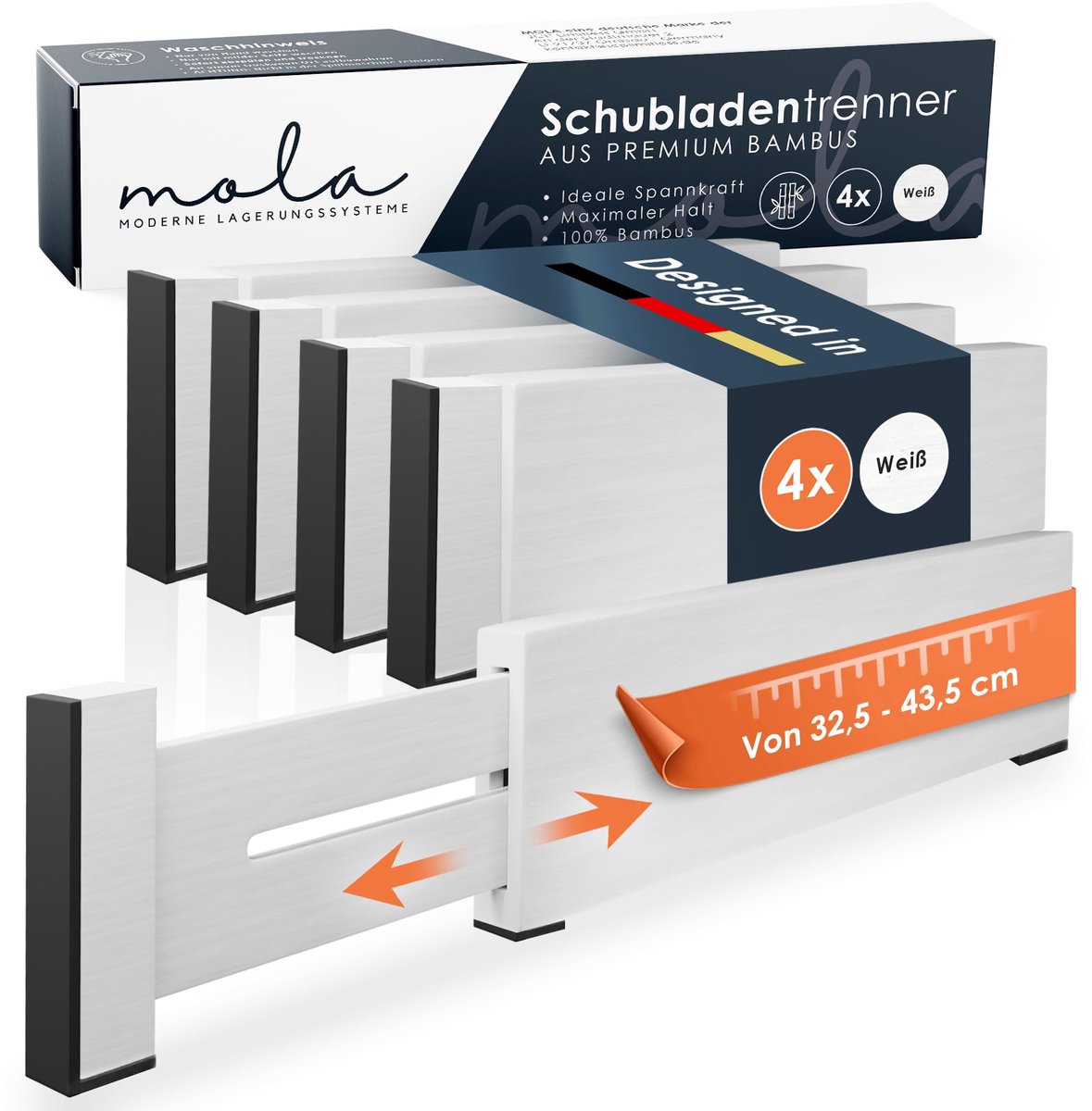 Mola Premium Ladeverdelers Wit Set van 4 Klein (32,5-43,5cm) I Bamboe Ladeverdeler Verstelbaar met Optimale Houding Dankzij 5x Antislip Pads I Ladeverdelers Hout Wit Scheidingslade