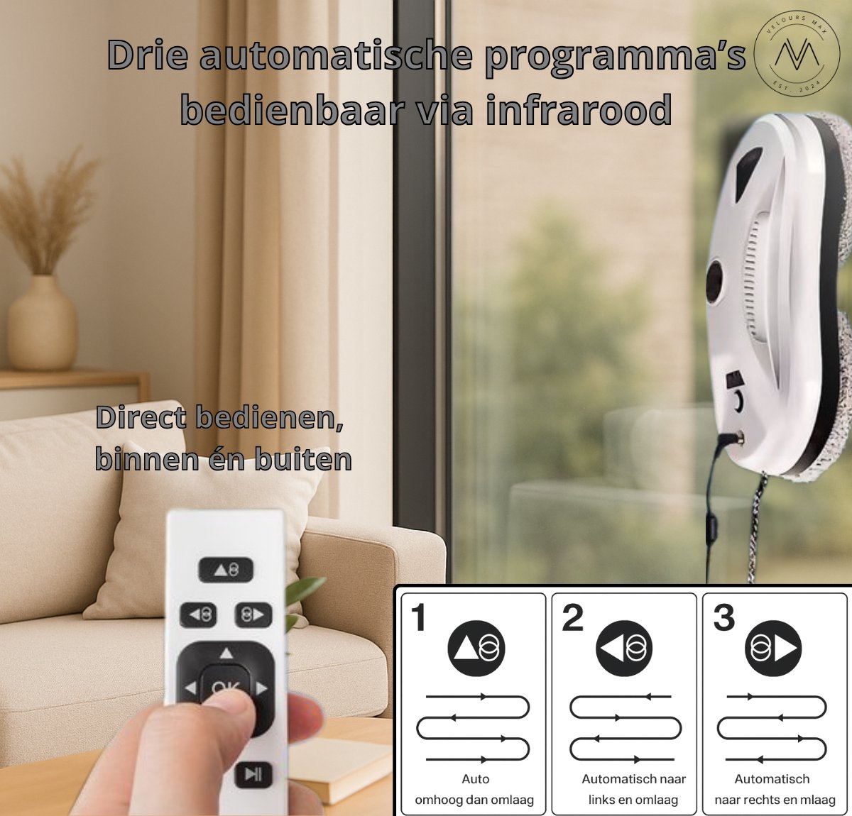 Velours Max® - Ramenwasser - Robot Ramenwasser - Ruitenreinger - Ramenwisser - Raamwisser - Met Afstandsbediening - Snoerlengte 4m - Ramen Reinger - Robot Ruitenreiniger - Robot Ramenwasser - Dweilrobot - Robotstofzuiger - Ruitenreiniger Elektrisch thumbnail 3