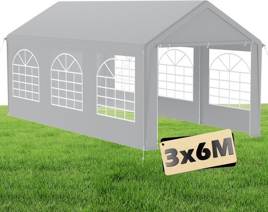 Premium partytent paviljoen met zijpanelen, waterdichte tuintent, grote tent, compacte tent, shelter, PE dak, 3 x 6 m - Grijs