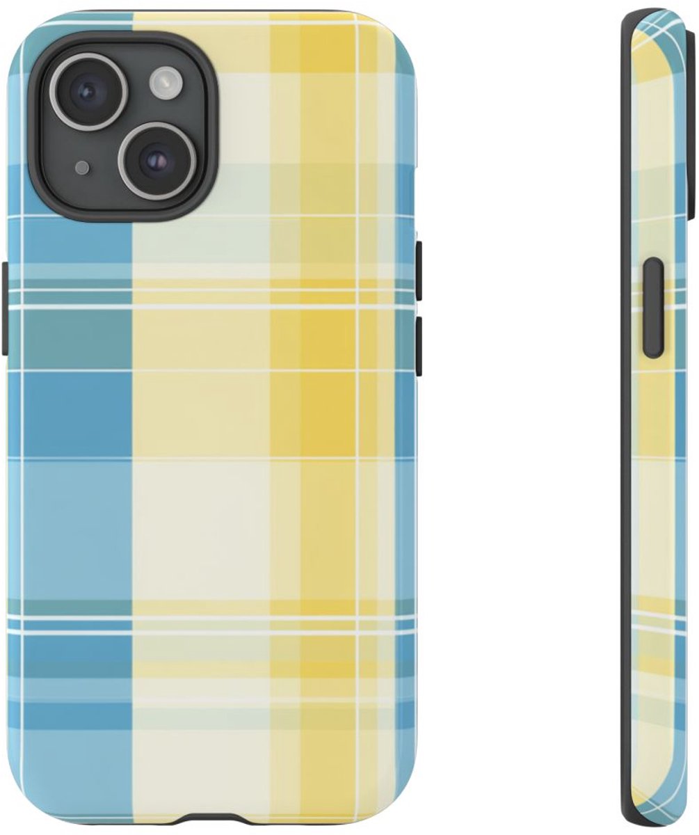 Ocean Blue en Geel Geruit Patroon – Telefoonhoesje Geschikt voor iPhone 15