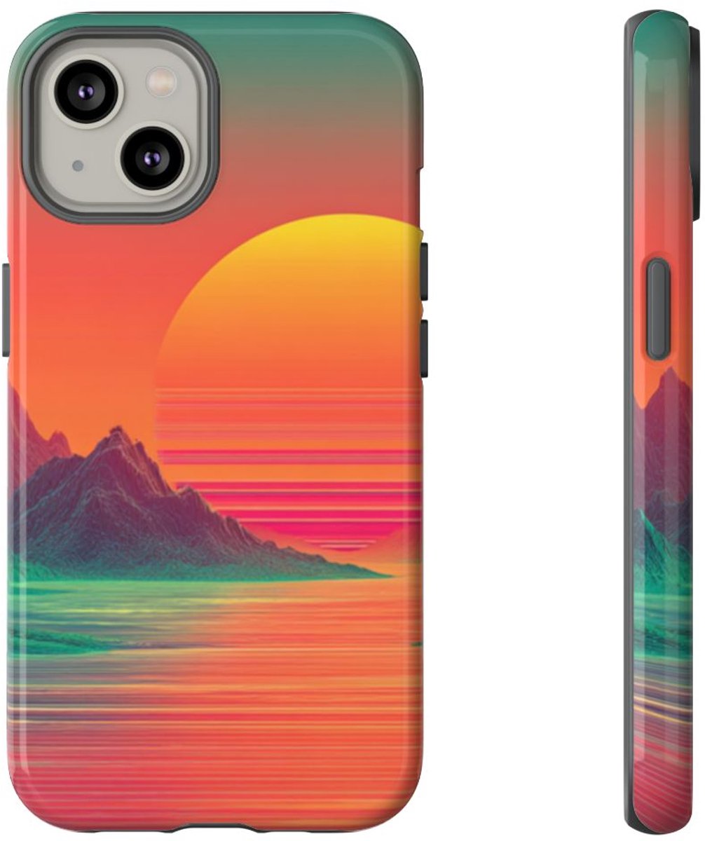 Neon Zonsondergang met Bergen en Zee – Telefoonhoesje Geschikt voor iPhone 14