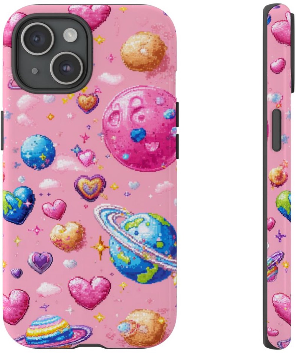 Pixel Art Harten en Planeten Patroon – Telefoonhoesje Geschikt voor iPhone 15