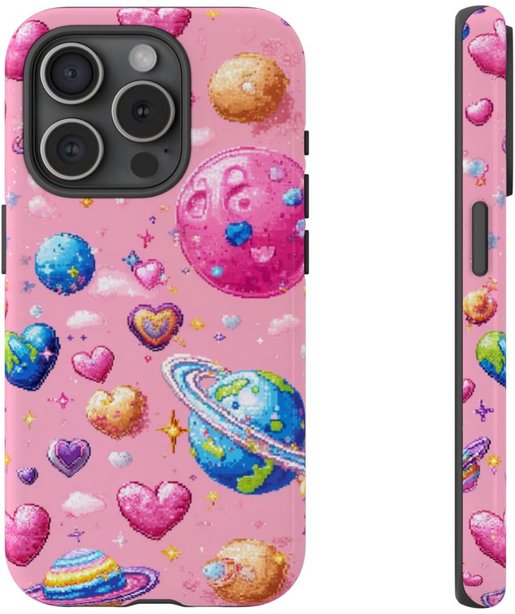 Pixel Art Harten en Planeten Patroon – Telefoonhoesje Geschikt voor iPhone 15 Pro