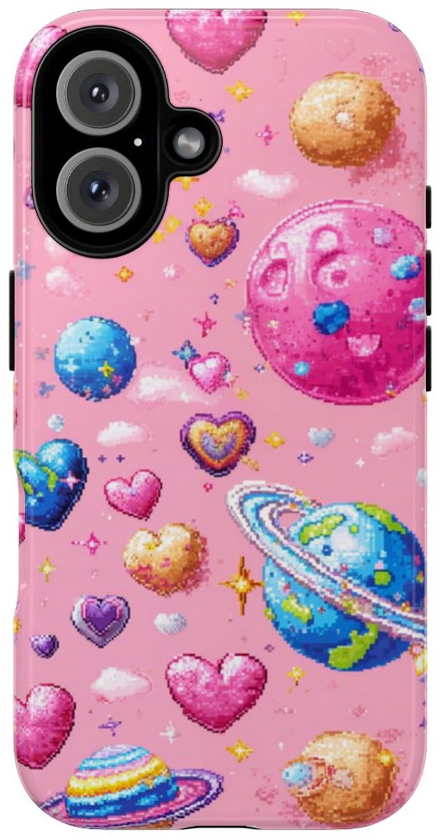 Pixel Art Harten en Planeten Patroon – Telefoonhoesje Geschikt voor iPhone 16