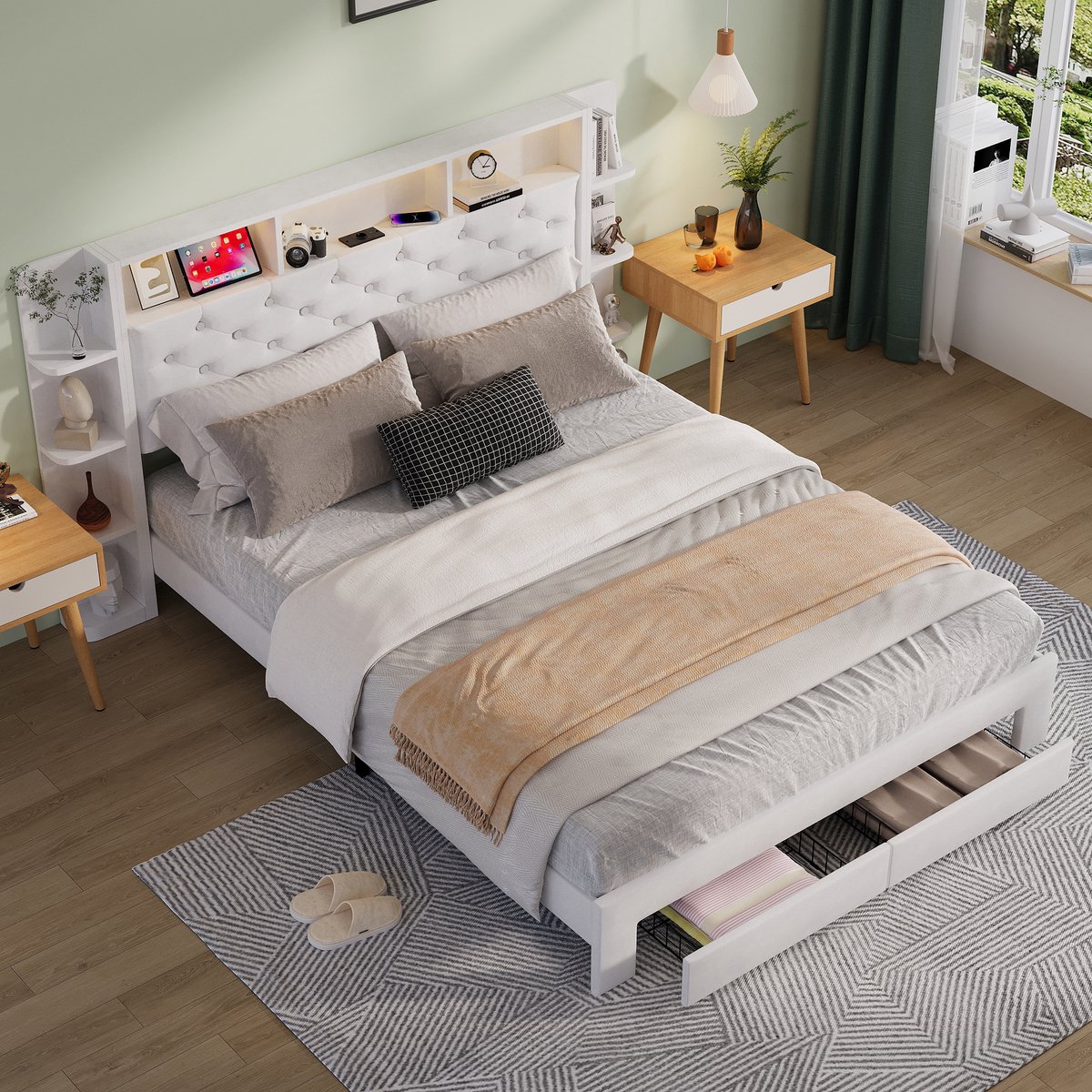 Gestoffeerd bed 140 x 200 cm met LED en USB, tweepersoonsbed met hoofdeinde met open vakken, 2 lades, voor jongeren en volwassenen, beige fluweel (zonder matras)