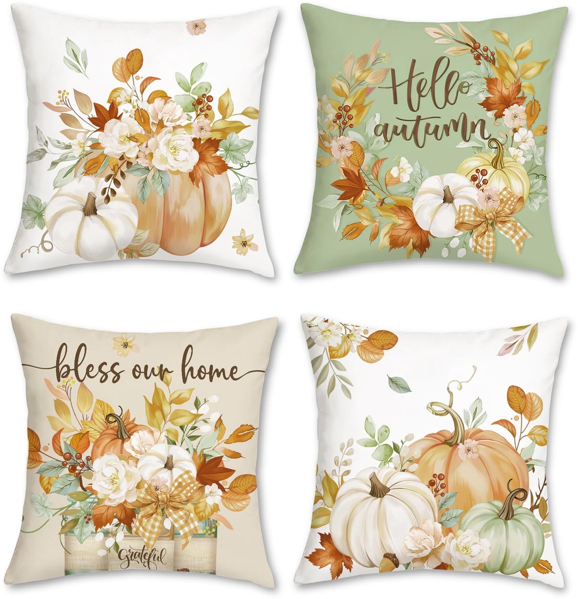 Ibenzoa Set van 4 decoratieve kussenhoezen met herfstthema, pompoen- en bloemendesign, 45 x 45 cm, zacht en comfortabel groen