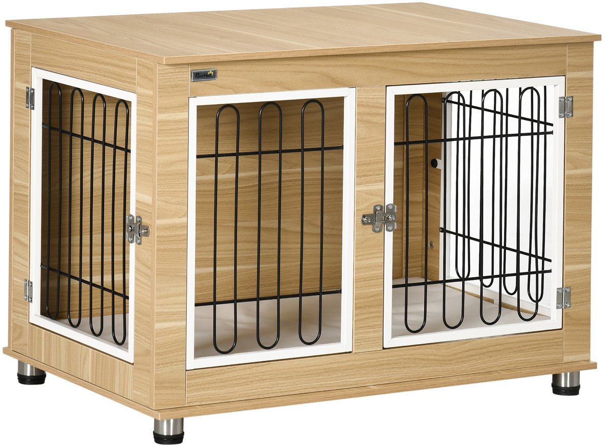 Merax Hondenbench Eik Met Dubbele Deur Binnenhuis Hondenkooi Met Kussen Houtlook 90x58x65 cm