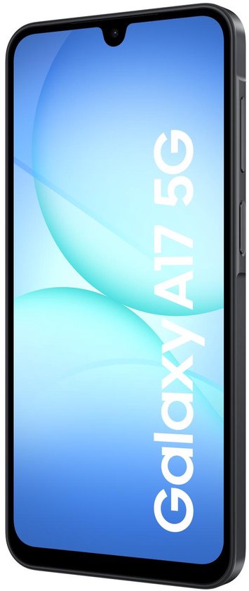 Zwarte Samsung Galaxy A17 5G, zijkant met knoppen en scherm.