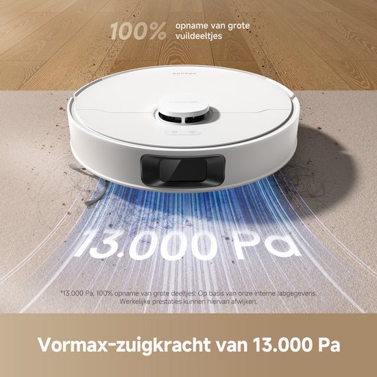 Witte robotstofzuiger met 13.000 Pa zuigkracht, zuigt 100% grote vuildeeltjes op.
