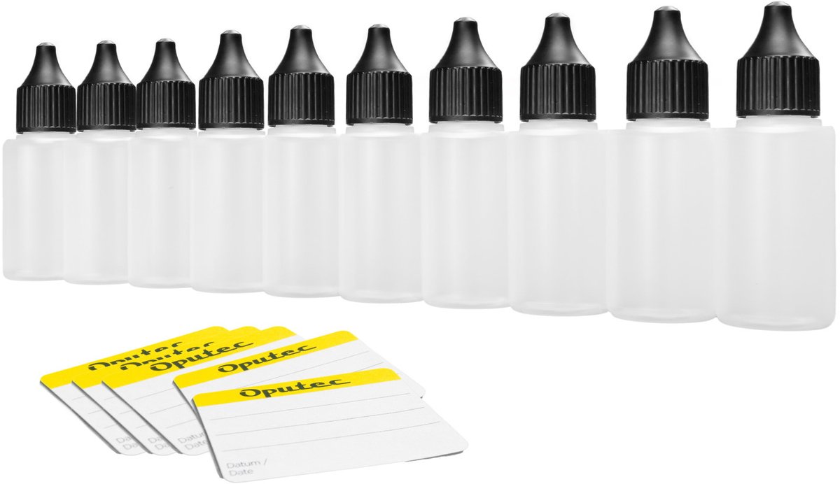 Oputec 10x 30 ml druppelflessen – PE doseerflessen – levensmiddelveilig + etiketten