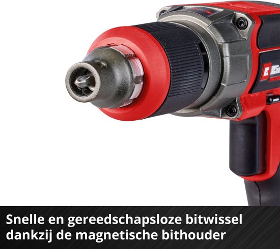 Close-up van de rode en zwarte Einhell schroevendraaier met magnetische bithouder.