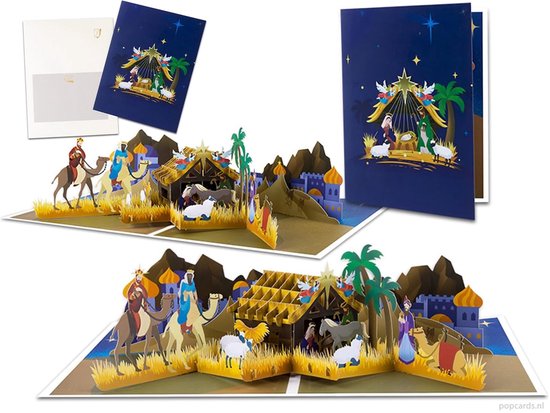 Popcards pop-up kaart – Kerststal Bethlehem met Jozef, Maria, kindje Jezus & de 3 Wijzen kerstkaart pop-up wenskaart 3D kaart