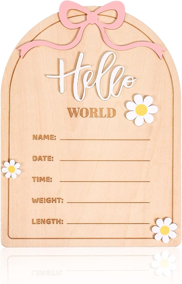 Gosknor Roze Strik Geboorteaankondigingsbord, 3D-Madeliefje Hout Hello World Baby Welkomstbord Geboortenaambord Ziekenhuis Fotoprops voor Baby Shower Geslachtsonthulling Babykamerdecoratie