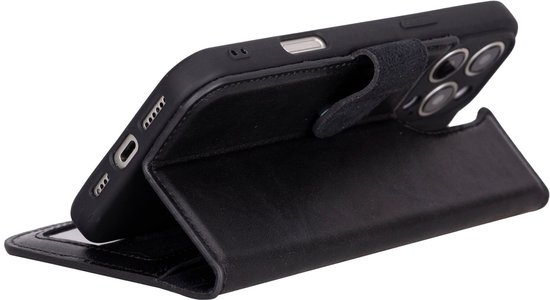 Étui en cuir iPhone 16 Pro - Solidenz Bookcase Étui en cuir iPhone 16 Pro - Cuir véritable - Étui téléphone avec porte-cartes - Étui en cuir pleine fleur - Noir