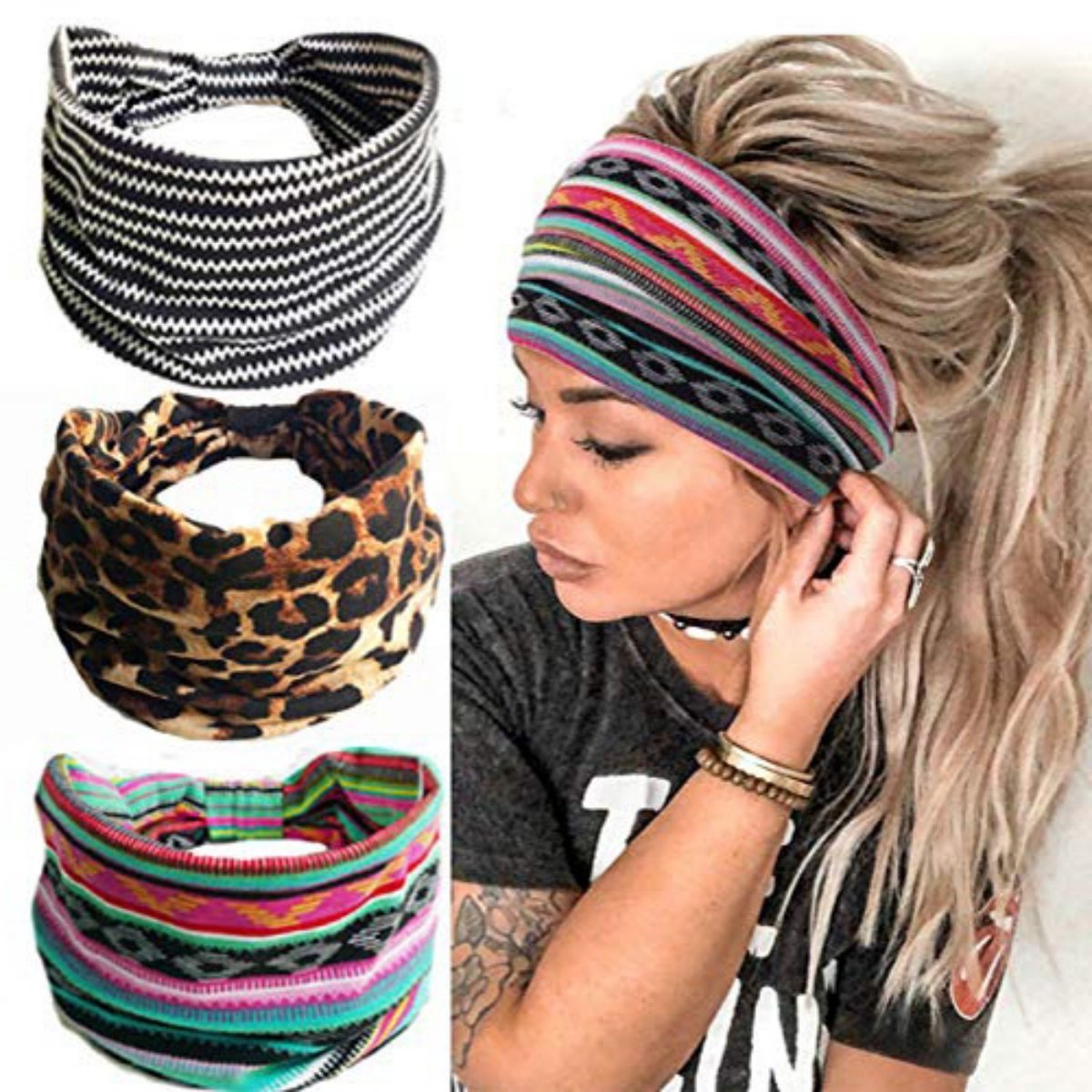 EXCITAT Haarbanden - Hoofdband sport - Hoofdband dames - Dunne hoofdbanden - Fitness Yoga haaraccessoires - Zomer Boho-stijl - 3-pack