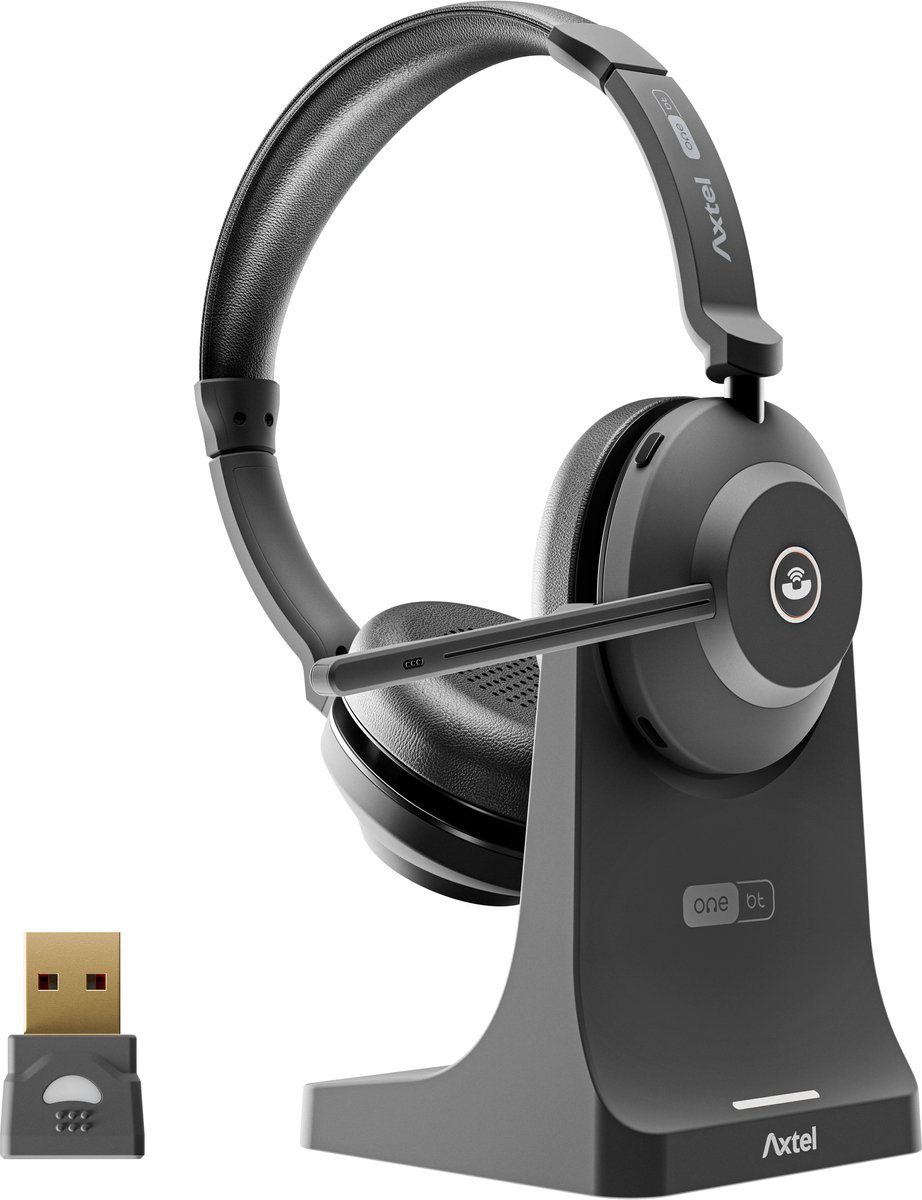 Axtel AXH-ONEBTD-CB hoofdtelefoon/headset Draadloos Hoofdband Kantoor/callcenter Bluetooth Oplaadhouder Zwart