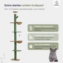 Groene kattenkrabpaal met 4 niveaus, 2 mandjes en een speelbal. Ideaal voor alle leeftijden.