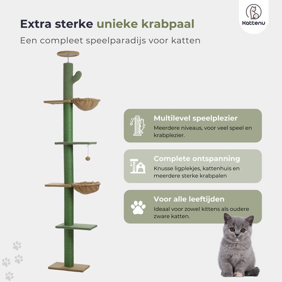 Groene kattenkrabpaal met 4 niveaus, 2 mandjes en een speelbal. Ideaal voor alle leeftijden.