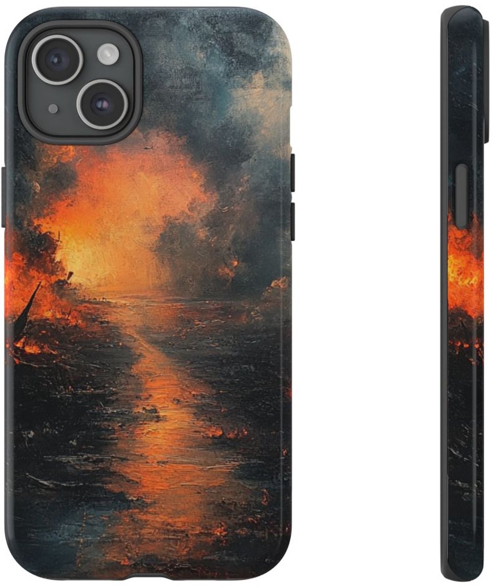 Vurige Landschap met Rook – Telefoonhoesje Geschikt voor iPhone 15 Plus