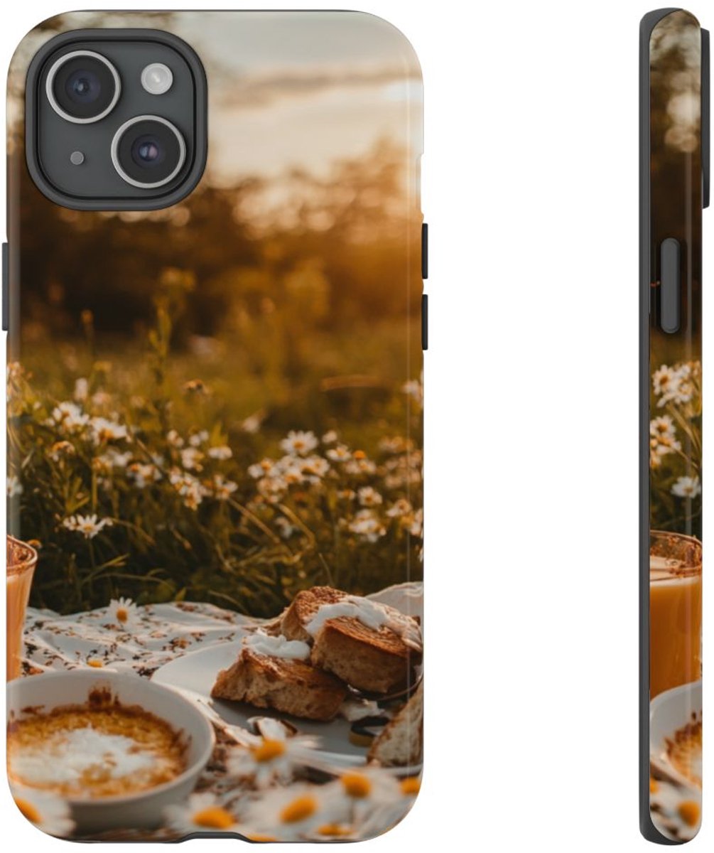 Zonnig Madeliefjesveld Ontbijtscène – Telefoonhoesje Geschikt voor iPhone 15 Plus