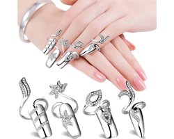 Nagelring Set - Verstelbare Fingernail Ringen - Strass Nail Art Accessoires - Voor Vrouwen & Meisjes - Zilver - Universeel - Set van 4