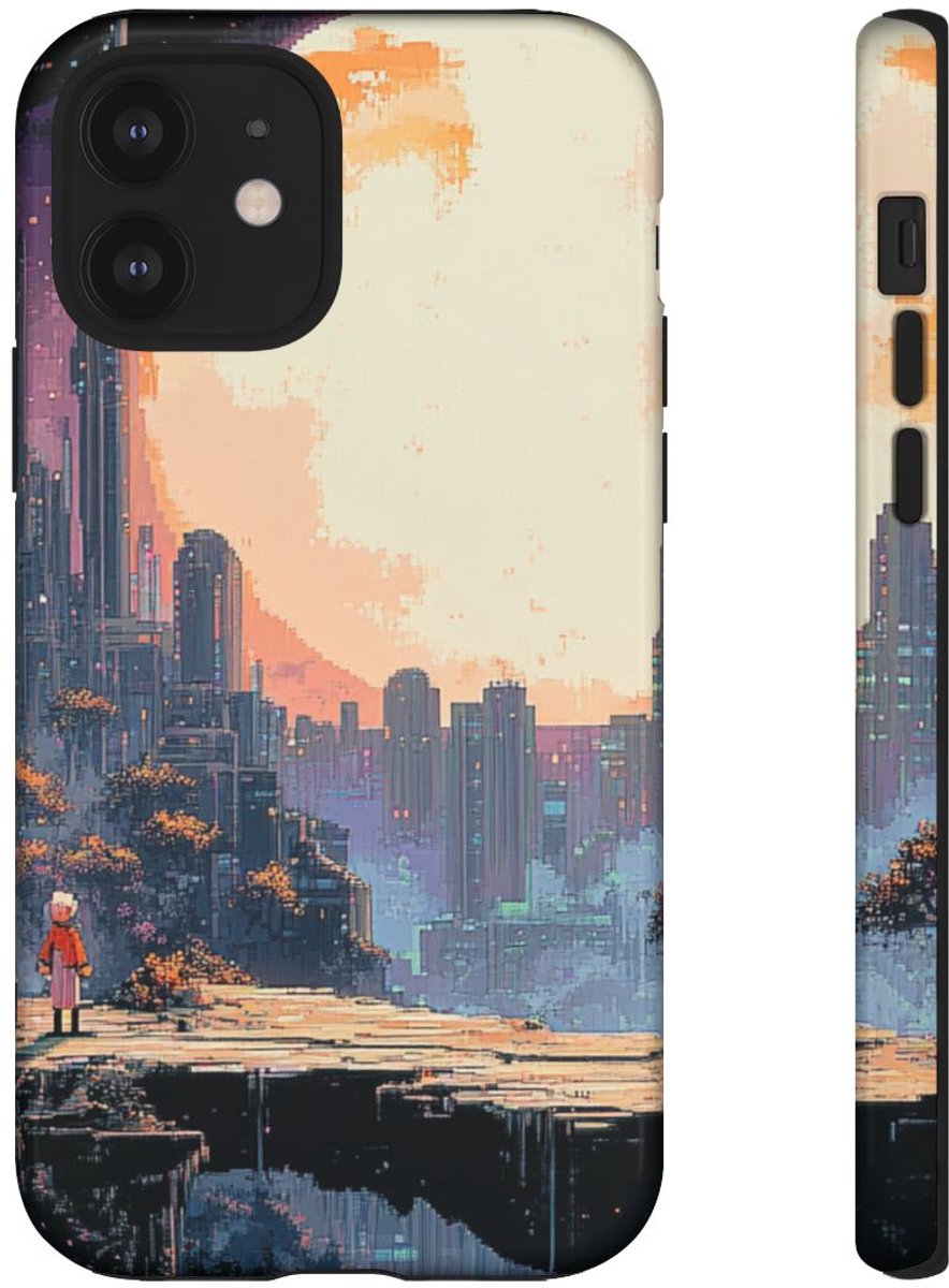 Pixel Art Stadsgezicht met Grote Maan – Telefoonhoesje Geschikt voor iPhone 12