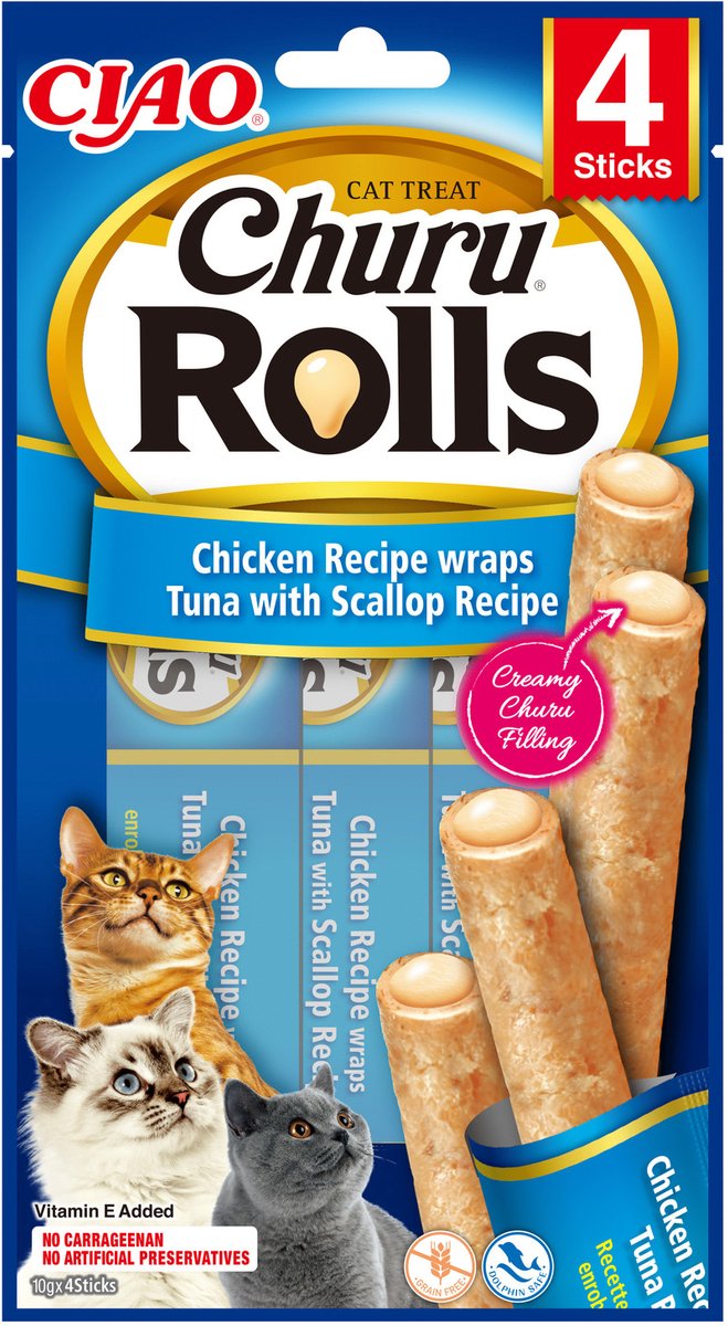 Inaba Churu Rolls - Kattensnack - Kip Tonijn Jacobsschelp 15 g 4 sticks - 1st