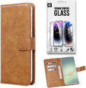 Casemania Hoesje + Glas Geschikt voor OnePlus Nord 5 - Bruin - Portemonnee Book Case met Pasjeshouder / Standaardfunctie + 1x Tempered Glazen Screenprotector