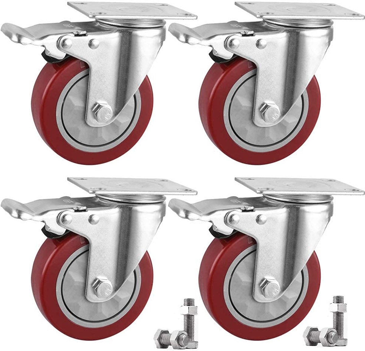 4 x Zwenkwielen met remmen, transportwielen, 100 mm zware wielen voor meubels, 360° rotatie tot 600 kg draagvermogen voor binnen- en buitengebruik, rood (100 mm)