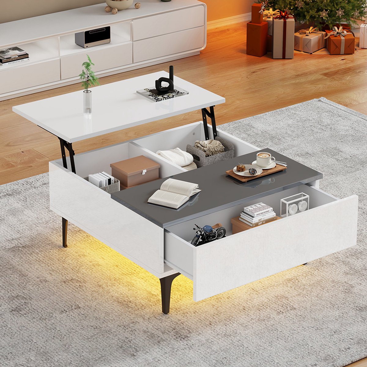 Komhtom Salontafels Salontafel 70*70*35 cm in hoogte verstelbare salontafel met verborgen opbergruimte en legplanken glanzend witte salontafel bureau met LED-verlichting salontafel met lades