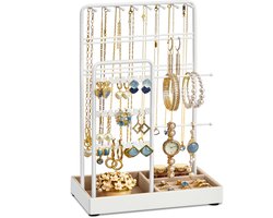 SONGMICS Sieradenstandaard, sieradenhouder, metalen frame, fluwelen sieradenlade, sieradenopbergruimte voor kettingen, armbanden, oorbellen, oorbellen, ringen, cadeau-idee, wit JJS021W01