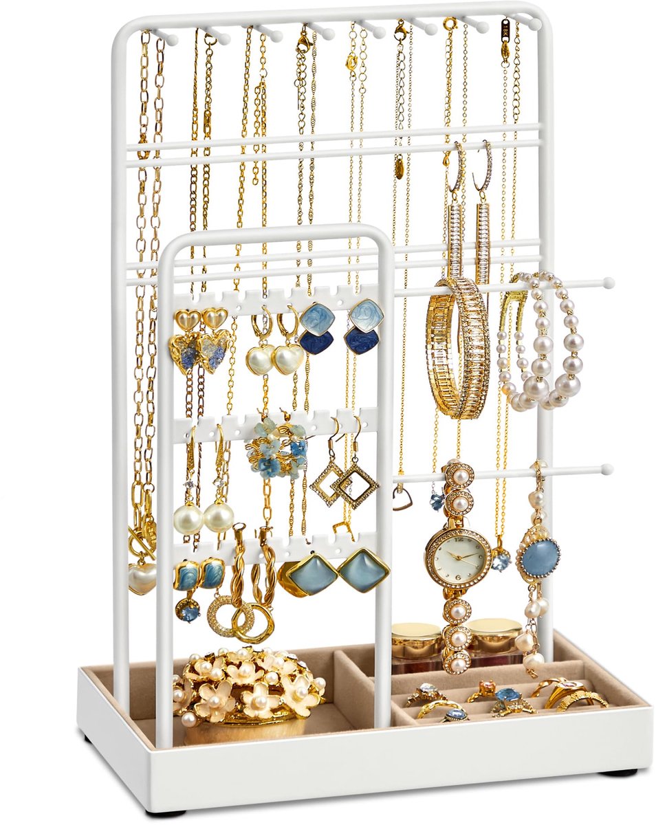 SONGMICS Sieradenstandaard, sieradenhouder, metalen frame, fluwelen sieradenlade, sieradenopbergruimte voor kettingen, armbanden, oorbellen, oorbellen, ringen, cadeau-idee, wit JJS021W01