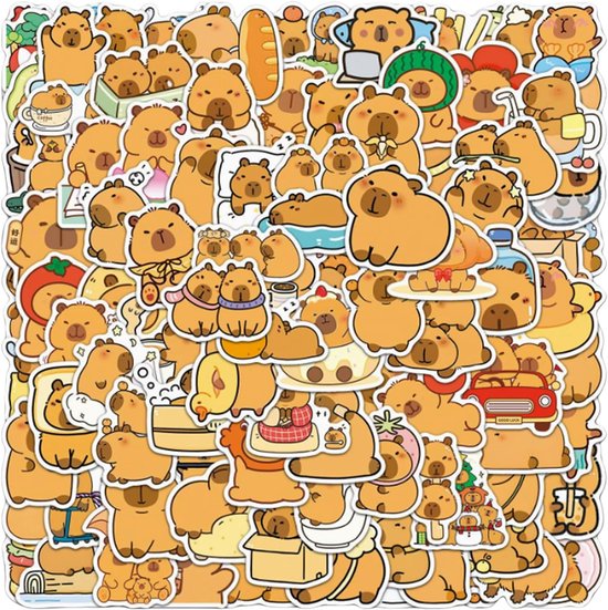 100 Stuks Creatieve Capybara Stickers - Schattige Dieren - Waterdichte Vinyl Stickers voor Kinderen - School - Capybara Cartoon Stickers - Grappige Diermotieven - Decoratieve Stickers