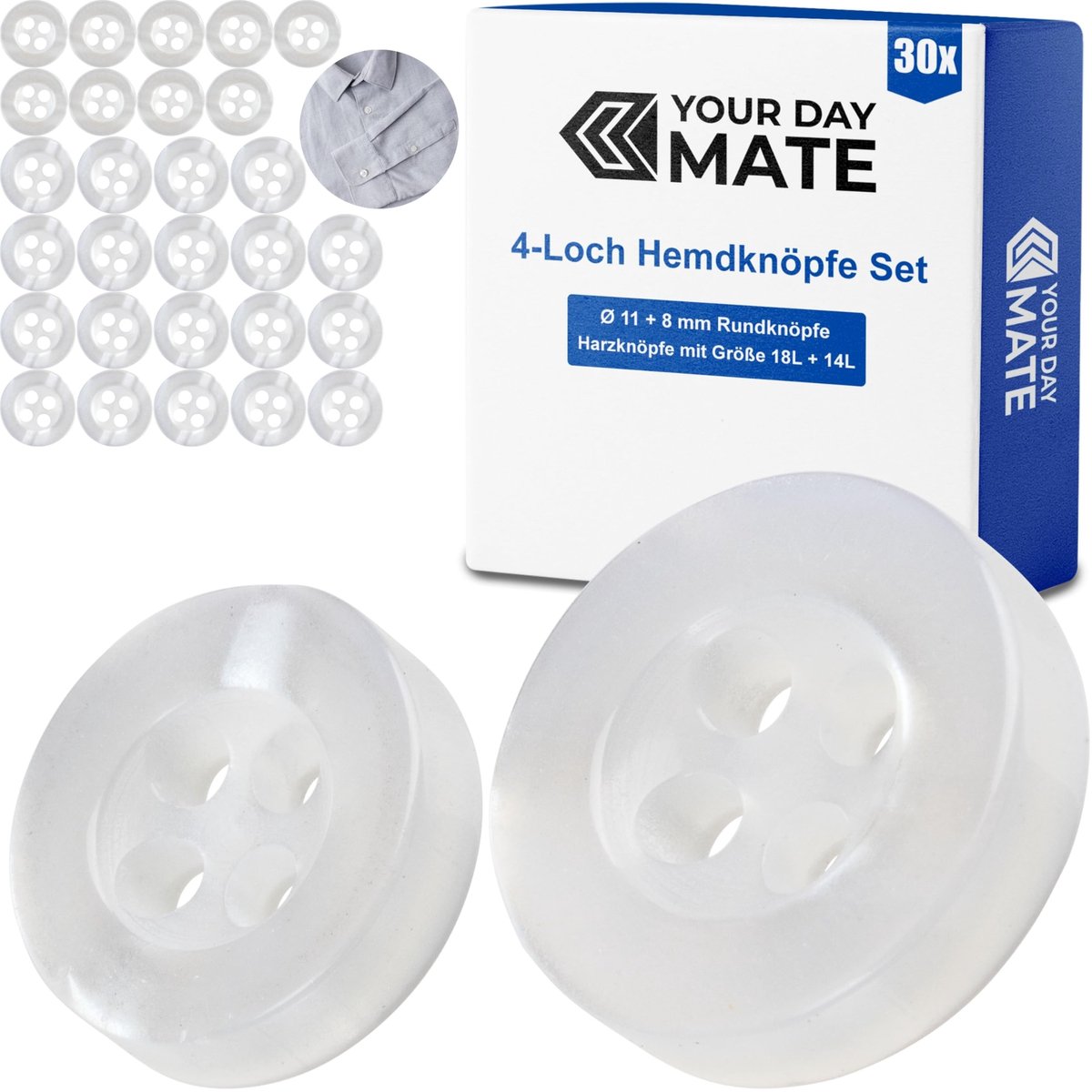 Knopenset, voor overhemden en blouses, 30 stuks, 4-gaats, Ø 11 + 8 mm, in transparant, van kunsthars, maat 18L + 14L, harsknopen voor jas, mantel, overhemd, blouse, poloshirt, DIY-knoop van polyester, wasknopen