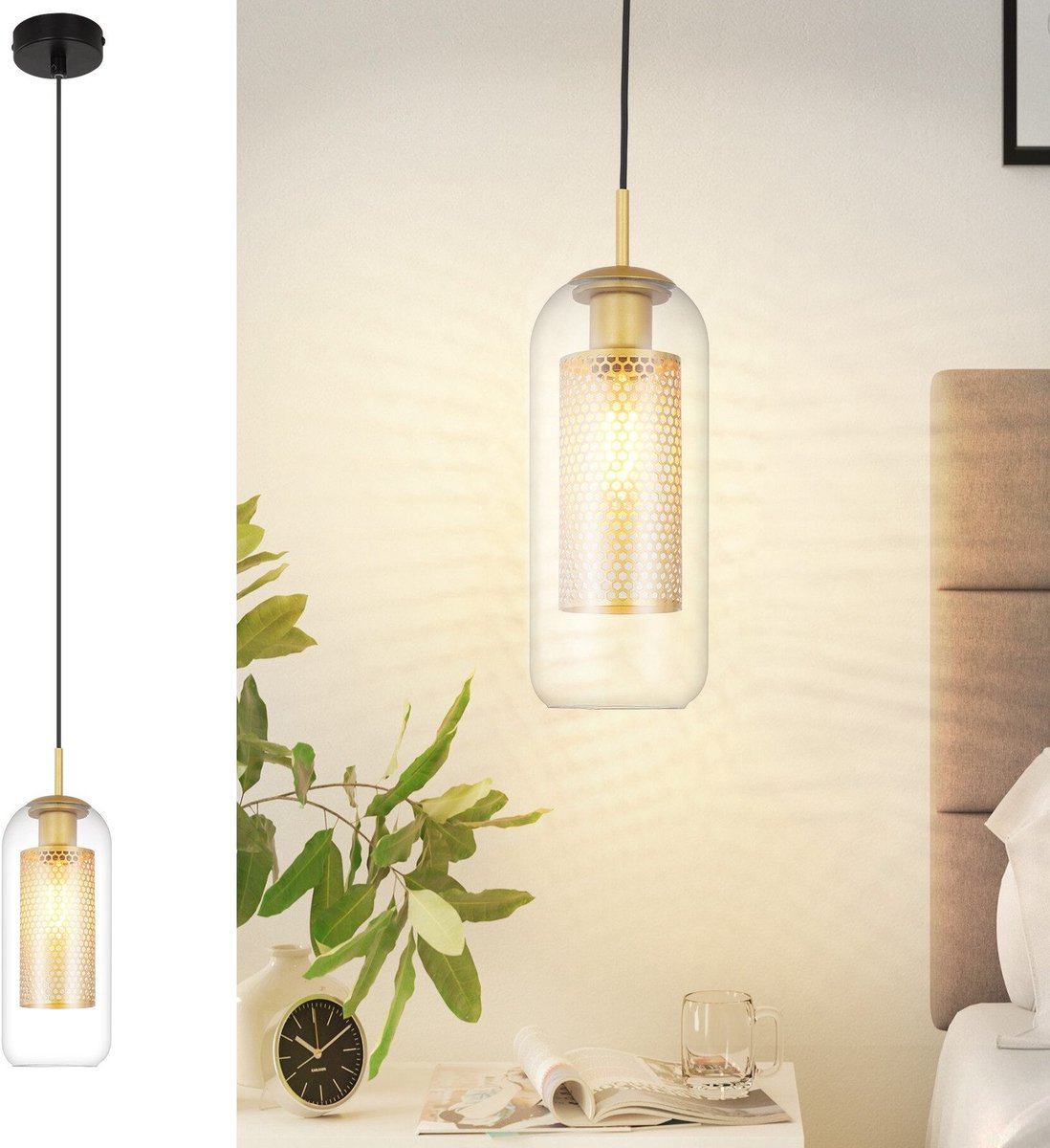 NETTLIFE Hanglamp Glas - 1-Lichts - E27 Fitting - Zwart Goud - ovaal - Metaal -Modern Eetkamerlamp - voor Keuken | Woonkamer | Slaapkamer | Eettafel - zonder Lamp